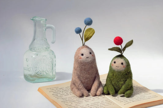 Needle Felted Smiling Plant Creatures with Red & Blue Berries ~ Little Handmade Wool Plant Sculptures