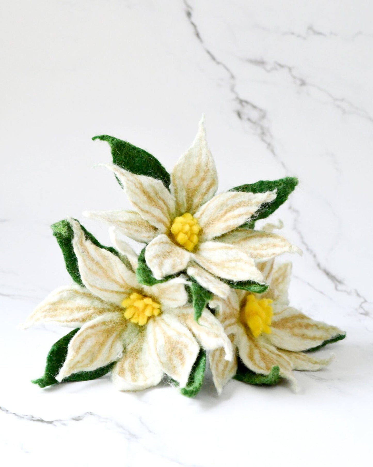 Felt White Poinsettia Flowers, Set of 3 White Coloured Christmas Flowers Stems