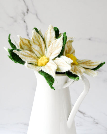 Felt White Poinsettia Flowers, Set of 3 White Coloured Christmas Flowers Stems