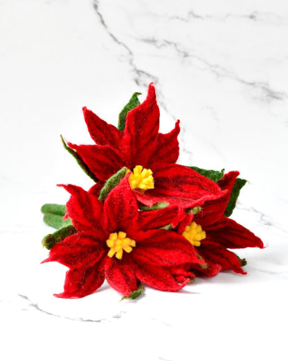 Felt Red Poinsettia Flowers: Set of 3 Christmas Flowers stems
