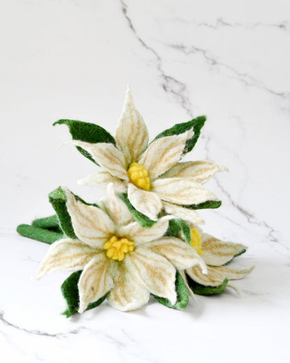 Felt White Poinsettia Flowers, Set of 3 White Coloured Christmas Flowers Stems