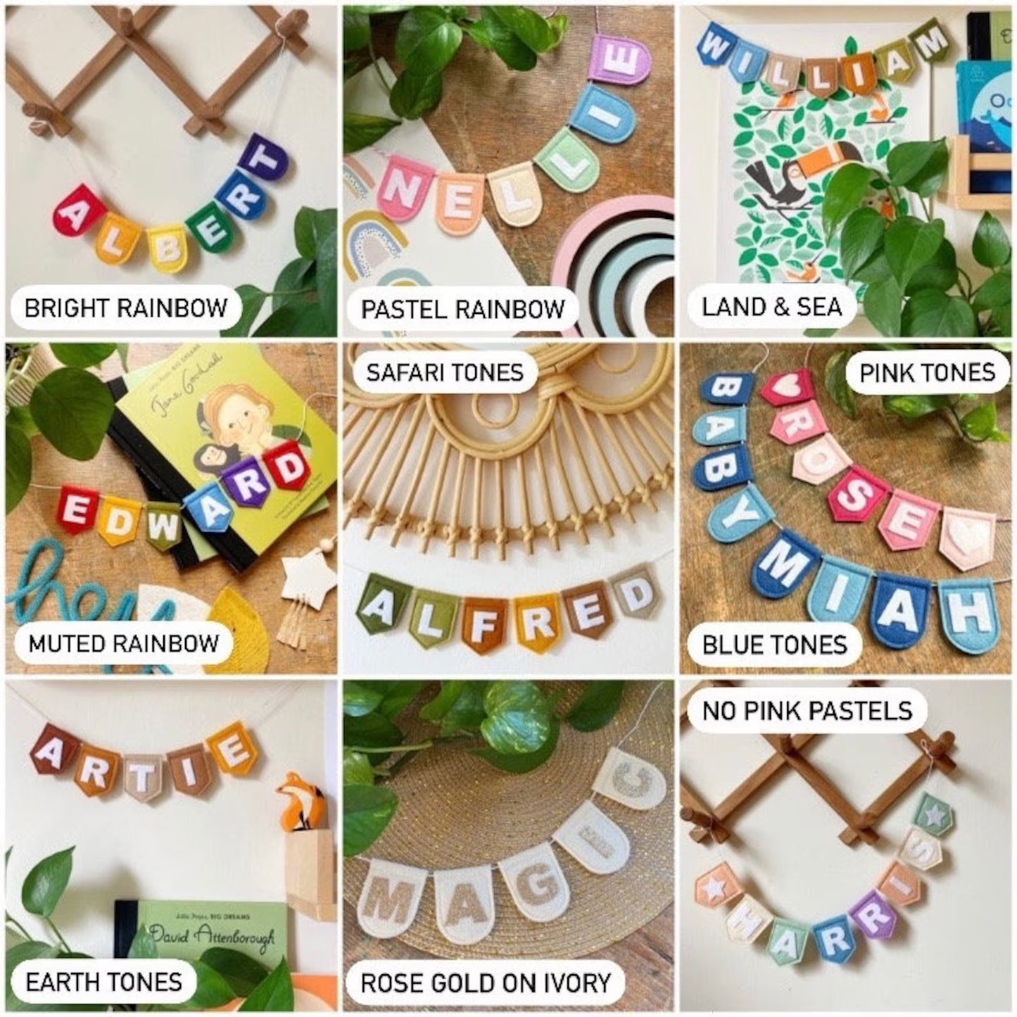 Large Boho Personalised Felt Garland - Land & Sea Customised Nursery Decor Kids Room Decoration - Blue, Brown, Green Felt Flag Name Bunting