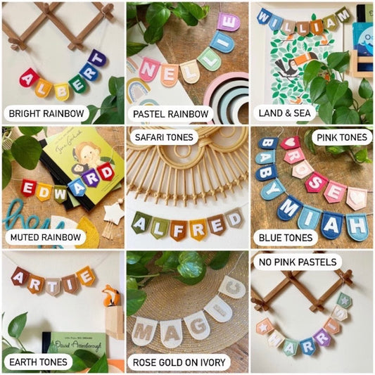 Large Boho Personalised Felt Garland - Land & Sea Customised Nursery Decor Kids Room Decoration - Blue, Brown, Green Felt Flag Name Bunting