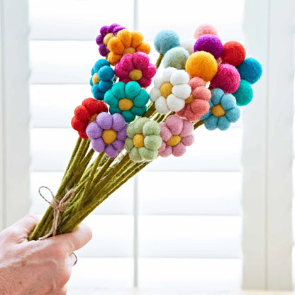 Pack of 6 Handmade Felt Flower Bouquet: Pastel or Vibrant Wool Daisies or Pompoms