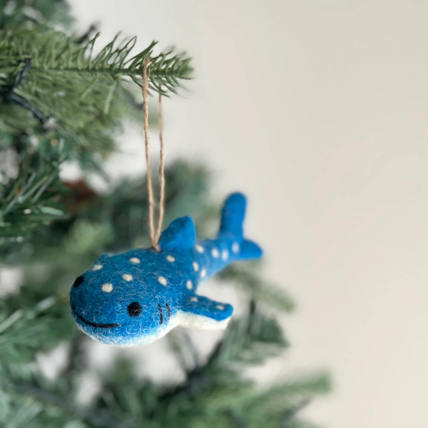Needle Felted Whale Shark Ornament, Hemp String, Ethical Gift