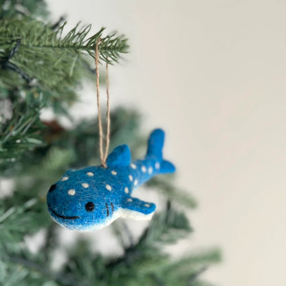 Needle Felted Whale Shark Ornament, Hemp String, Ethical Gift
