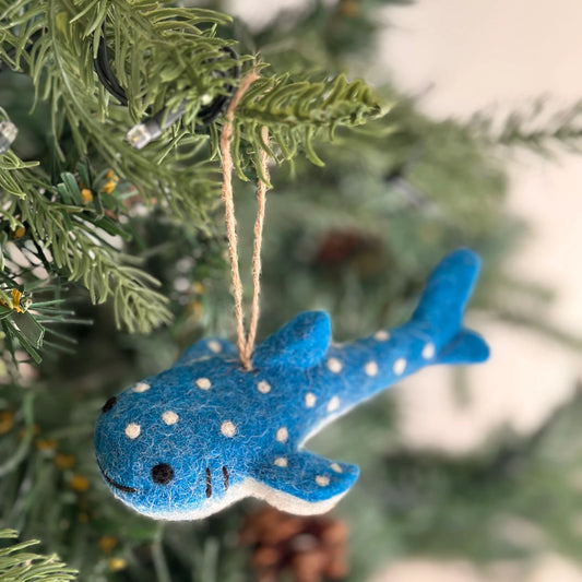 Needle Felted Whale Shark Ornament, Hemp String, Ethical Gift