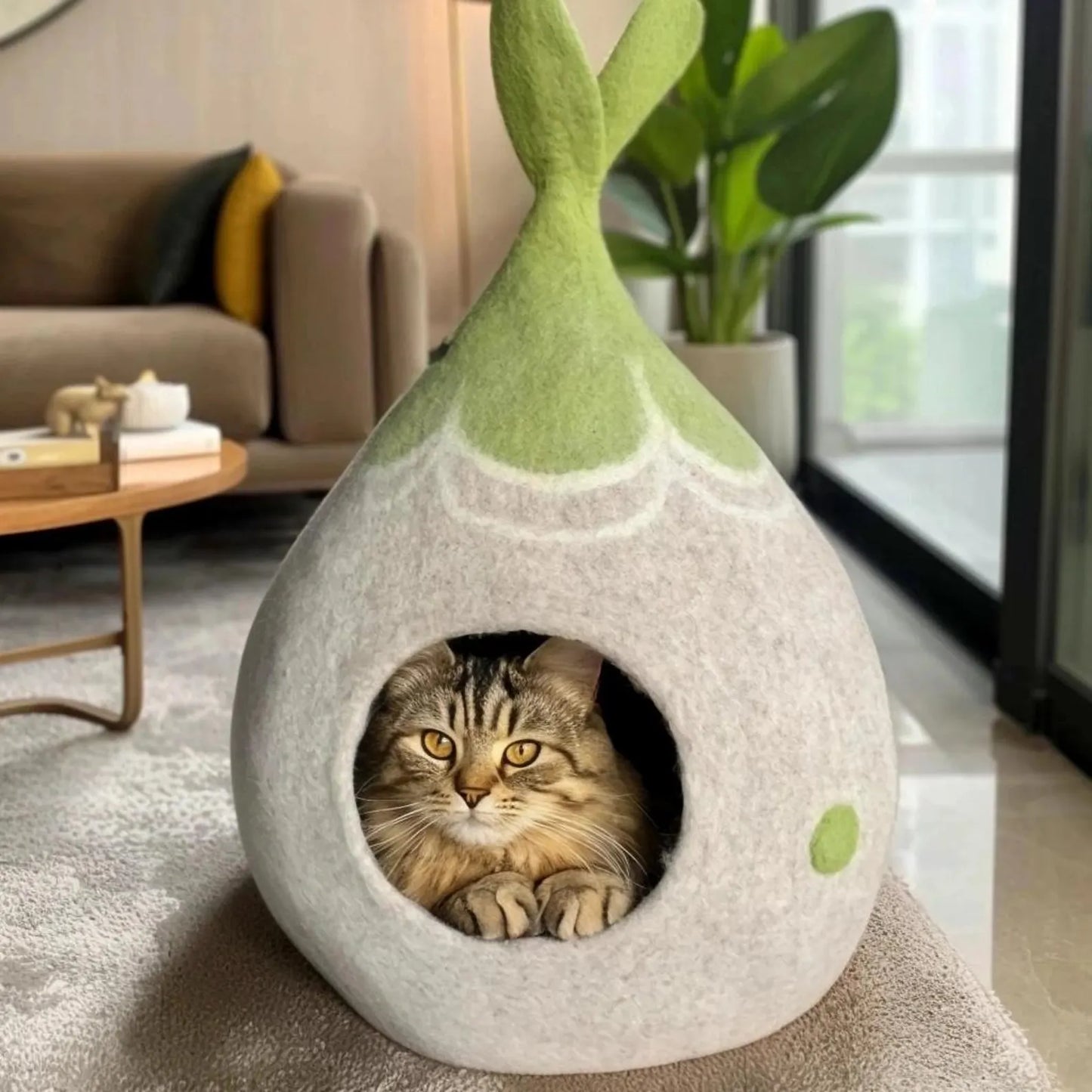 Handmade wool felted cat cave flower design