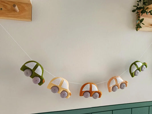 Felt Car Garland, Wool Nursery Bunting, Baby Shower Decor