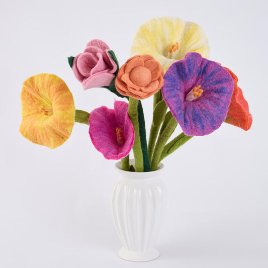 Handmade Wool Felt Morning Glory – Needle Felted Wildflower, Botanical Decor, Long Stem Felt Flower