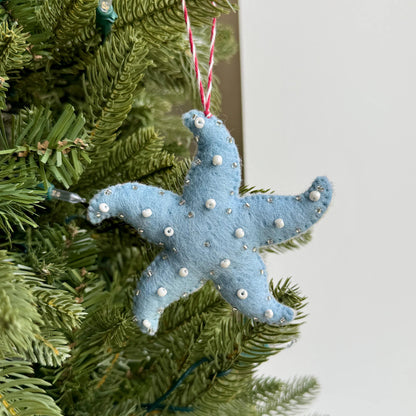Blue Starfish Christmas Ornament - Felt Wool Fair Trade Holiday Decor Handmade in Rajasthan
