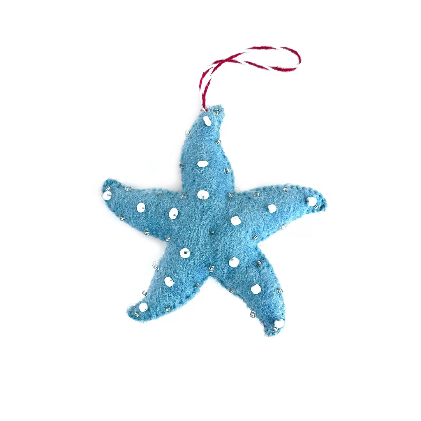 Blue Starfish Christmas Ornament - Felt Wool Fair Trade Holiday Decor Handmade in Rajasthan