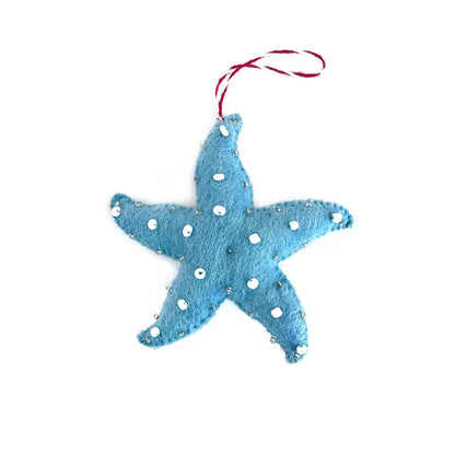 Blue Starfish Christmas Ornament - Felt Wool Fair Trade Holiday Decor Handmade in Rajasthan