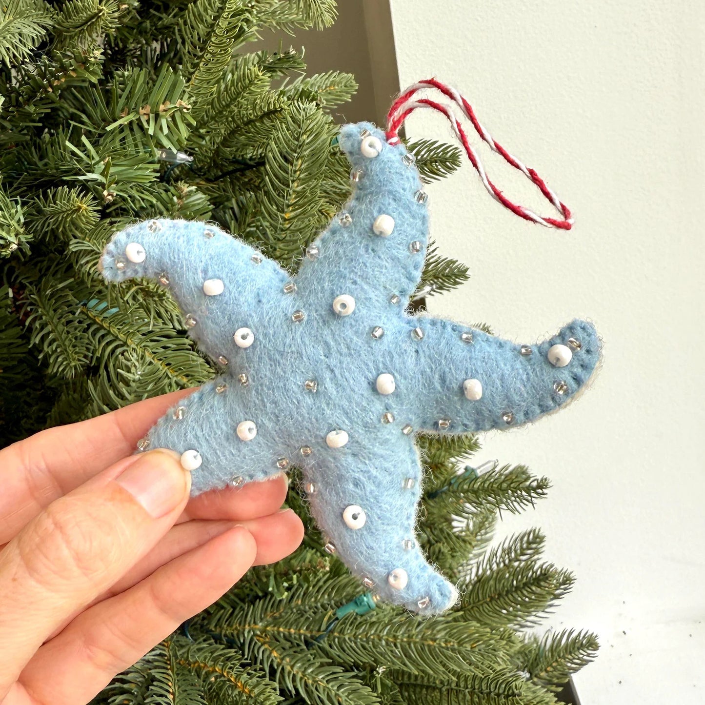 Blue Starfish Christmas Ornament - Felt Wool Fair Trade Holiday Decor Handmade in Rajasthan