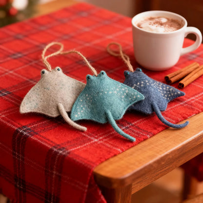 Handcrafted Stingray Felt Ornament | Cute Speckled Manta Ray Hanging Charm | Whimsical Coastal Holiday Tree Decor & Marine Nursery Accent (3 pcs)