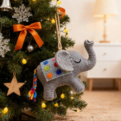Handmade Felt Elephant Ornament – 5 Inch Christmas Tree Hanging & Home Decor