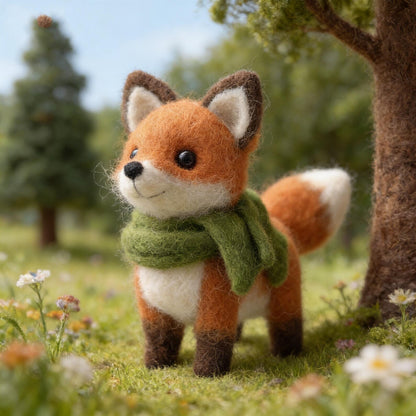 Handmade Felt Fox Ornament with Green Scarf – Cute Wool Felt Animal Decoration