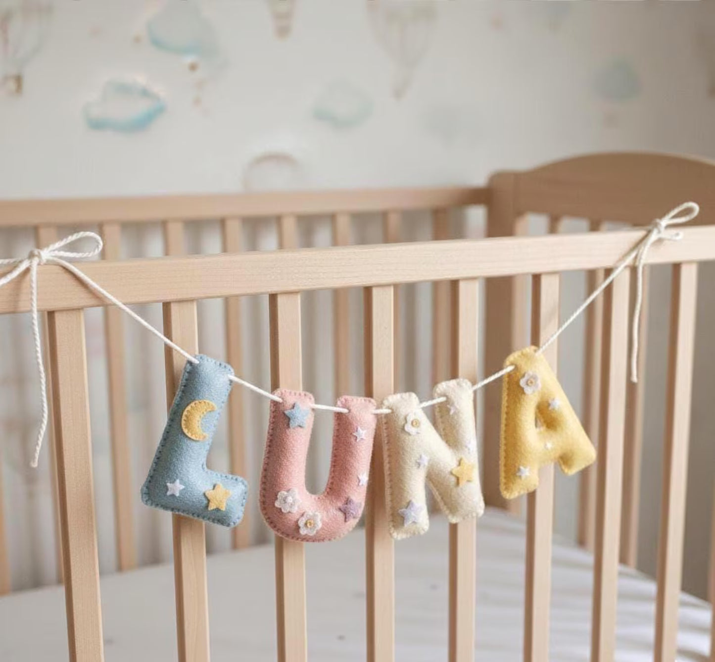 Handmade Felt Name Garland, Crib Name Banner: Moon and Stars Theme Boho Nursery Decor