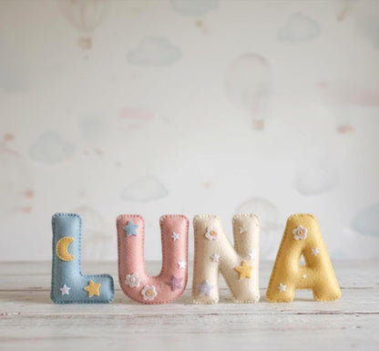 Handmade Felt Name Garland, Crib Name Banner: Moon and Stars Theme Boho Nursery Decor