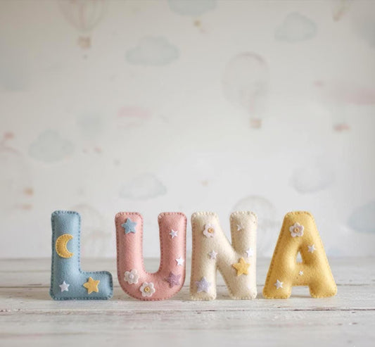 Handmade Felt Name Garland, Crib Name Banner: Moon and Stars Theme Boho Nursery Decor