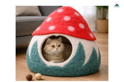 Mushroom Felt Cat Cave - Handmade Modern Pet Bedding- Wool Pet Bed