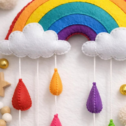 Felt Rainbow Baby cot Mobile Handmade Nursery Wall Hanging with Clouds and Raindrops Decoration