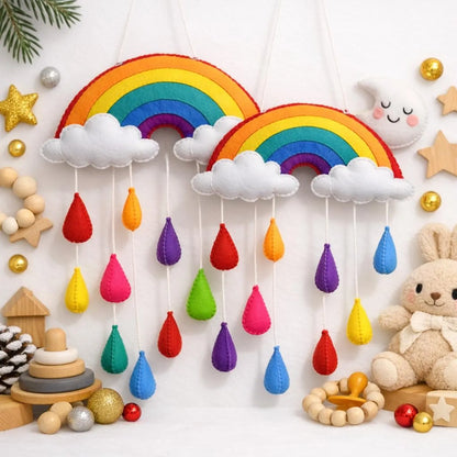Felt Rainbow Baby cot Mobile Handmade Nursery Wall Hanging with Clouds and Raindrops Decoration