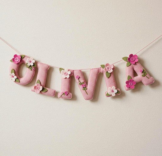 Custom Name Garland , Flowers Custom Name Decor, Felt Name, Felt Name Garland, Nursery Decoration, Baby Shower, Christening, Newborn Gift
