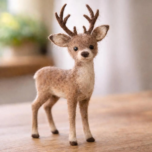 Needle Felted Deer Figurine – Handmade Woodland Animal Sculpture, Natural Wool Decor