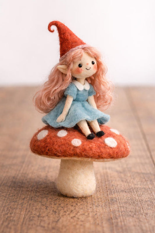 Handmade Needle Felted Elf Girl on Mushroom Figurine – Wool Pixie Fairy Waldorf Decor