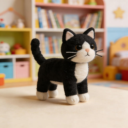 Handmade Needle Felted Tuxedo Cat Figurine Cute Black White Kitty Statue Home Shelf Decor Cat Lover Gift For Housewarming Animal Sculpture