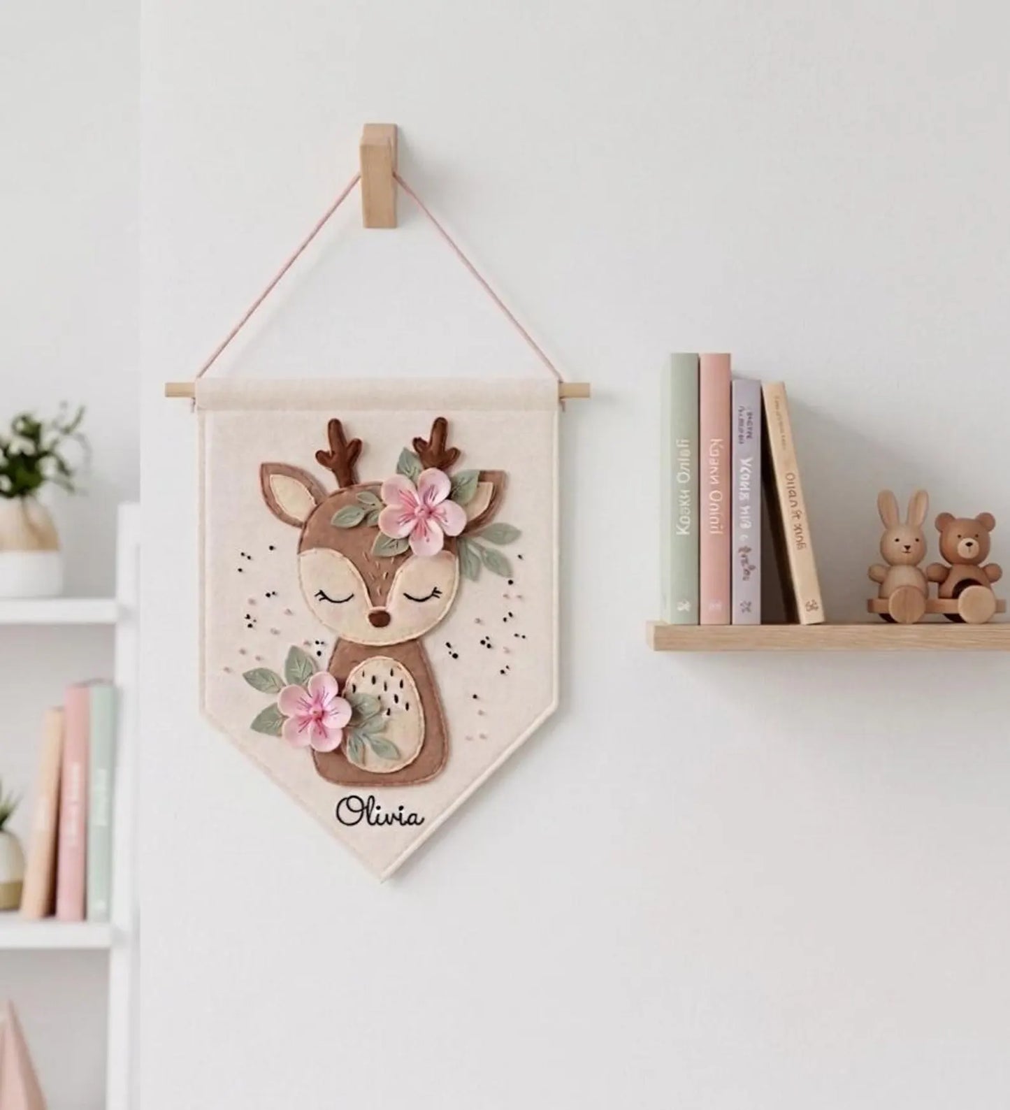 Personalized Deer Wall Hanging | Nursery Decor | Girl Room Decor | Custom Name Banner | Felt Animal Wall Art | Baby Shower Gift
