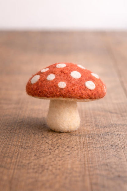 Handmade Needle Felted Elf Girl on Mushroom Figurine – Wool Pixie Fairy Waldorf Decor