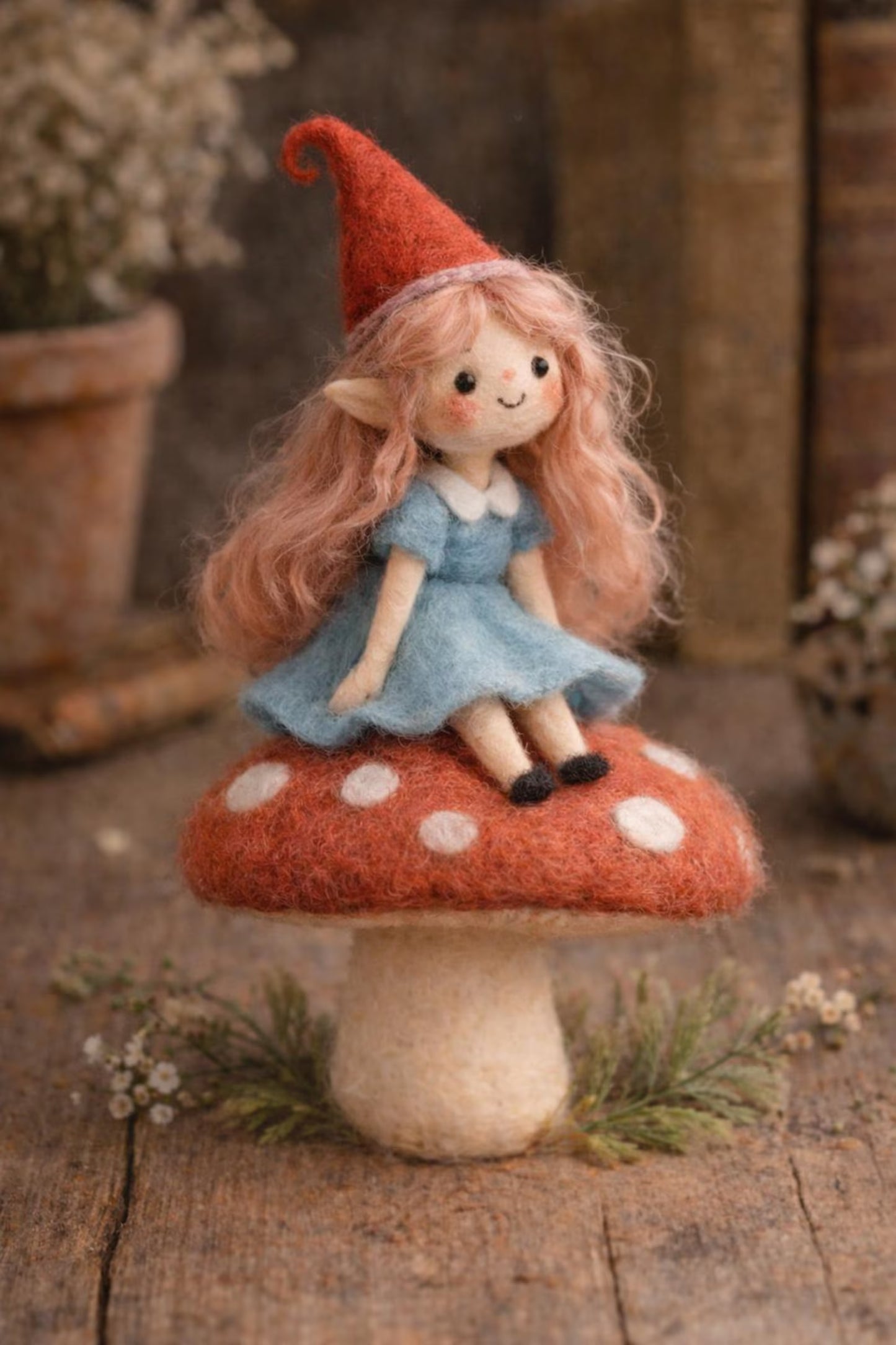 Handmade Needle Felted Elf Girl on Mushroom Figurine – Wool Pixie Fairy Waldorf Decor