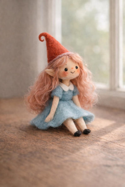 Handmade Needle Felted Elf Girl on Mushroom Figurine – Wool Pixie Fairy Waldorf Decor