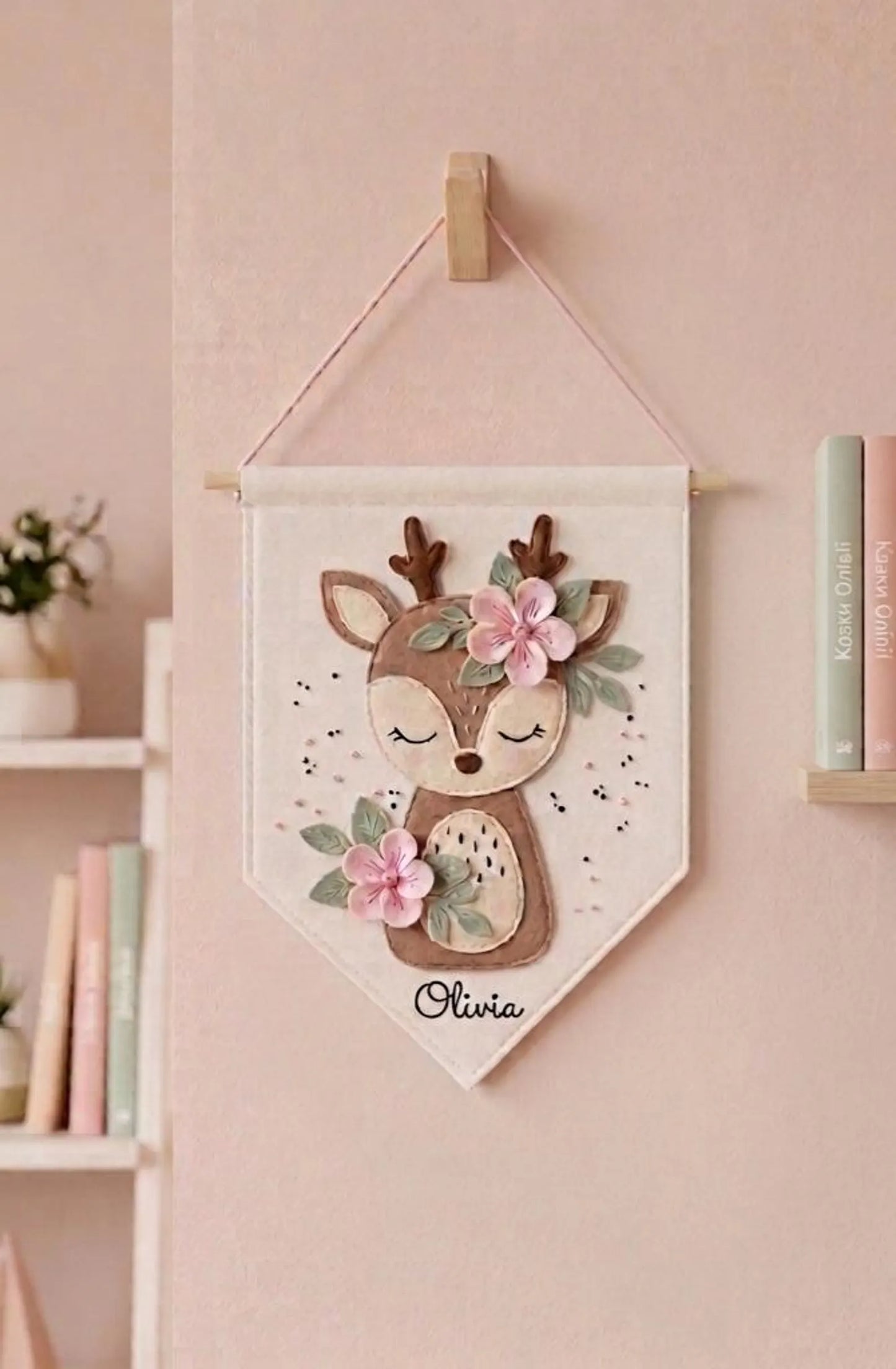 Personalized Deer Wall Hanging | Nursery Decor | Girl Room Decor | Custom Name Banner | Felt Animal Wall Art | Baby Shower Gift