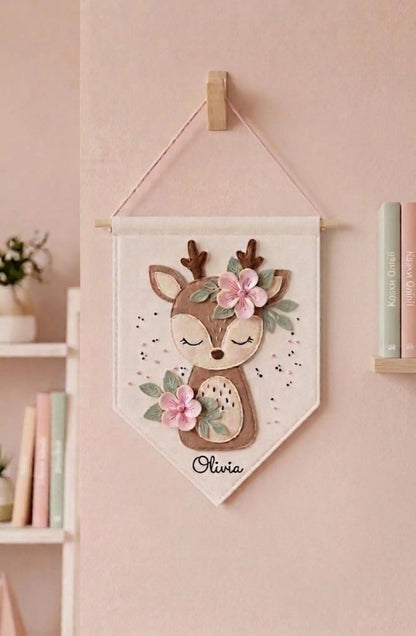 Personalized Deer Wall Hanging | Nursery Decor | Girl Room Decor | Custom Name Banner | Felt Animal Wall Art | Baby Shower Gift