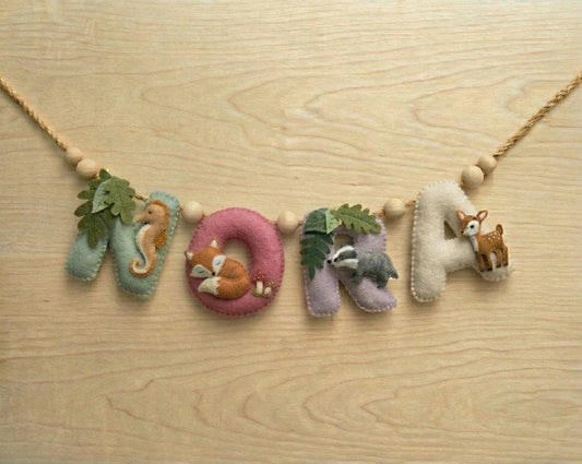Custom Coastal Name Garland , Custom Name Decor, Baby Safari Garland, Animals Felt Name Garland,Nursery Decoration, Baby Shower,Newborn Gift