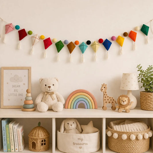 Colorful Wool Felt Kite Garland – Handmade Nursery Decor, Rainbow Wall Hanging, Kids Room Bunting, Playroom Decor, Baby Shower Party Banner