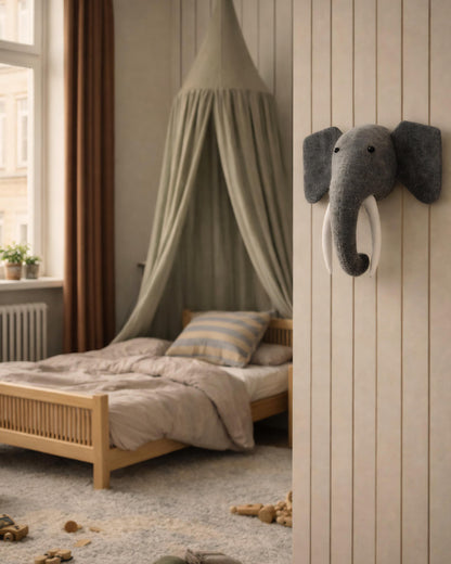 Felt Elephant Head Wall Mount | Soft Nursery Playroom Decor | Scandinavian Kids Animal Room Art