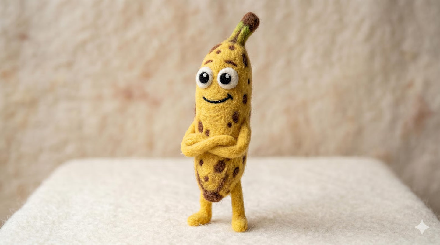 Handmade Needle Felted Banana Character Figurine – Cute Wool Fruit Doll Waldorf Kitchen Decor