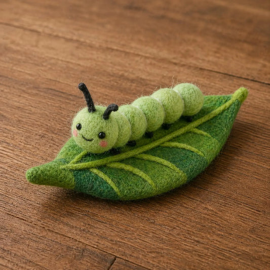 Needle Felt Caterpillar on Leaf, Handmade Insect Toy, Kawaii Bug Decor, Nature Lover Gift