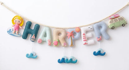 Surfer Name Garland , Custom Beach Name Decor, Baby Ocean Garland, Felt Name Garland, Nursery Decoration, Baby Shower, Newborn Gift
