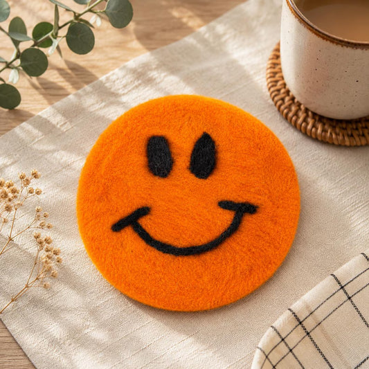 Smiley Face Felt Coasters – Colorful Wool Drink Coasters for Coffee Table, Cute Boho Kitchen Decor, Handmade Mug Rug Set, Gift for Her