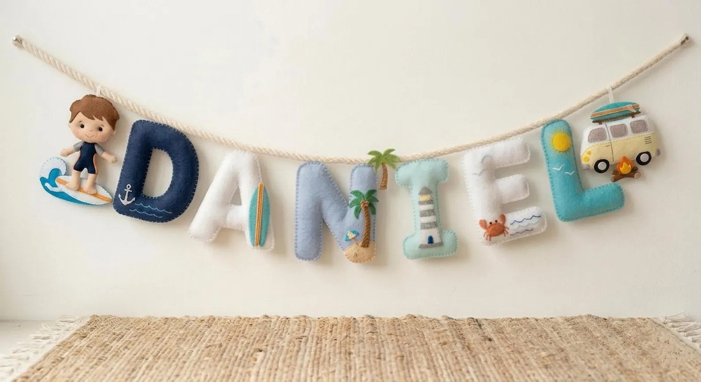Surfer Name Garland , Custom Beach Name Decor, Baby Ocean Garland, Felt Name Garland, Nursery Decoration, Baby Shower, Newborn Gift