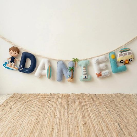 Surfer Name Garland , Custom Beach Name Decor, Baby Ocean Garland, Felt Name Garland, Nursery Decoration, Baby Shower, Newborn Gift