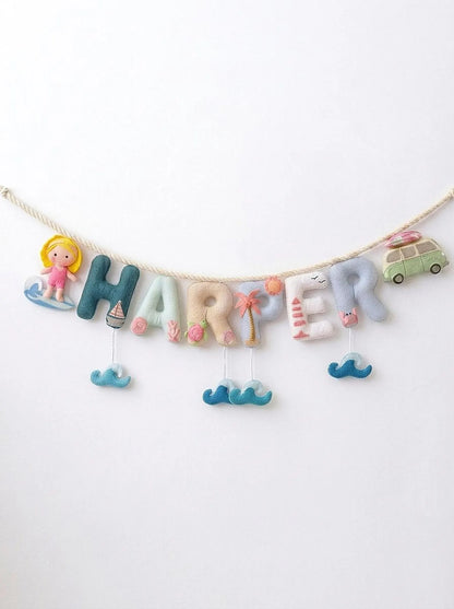 Surfer Name Garland , Custom Beach Name Decor, Baby Ocean Garland, Felt Name Garland, Nursery Decoration, Baby Shower, Newborn Gift