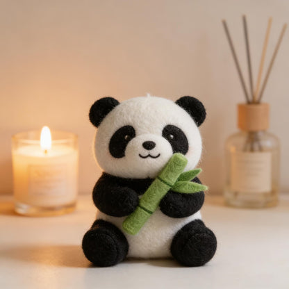 Handmade Felt Panda Holding a Bamboo Shoot, Cute Desktop Decoration, Unique And Creative Gift, Needle-Felted Artwork, Christmas Gift