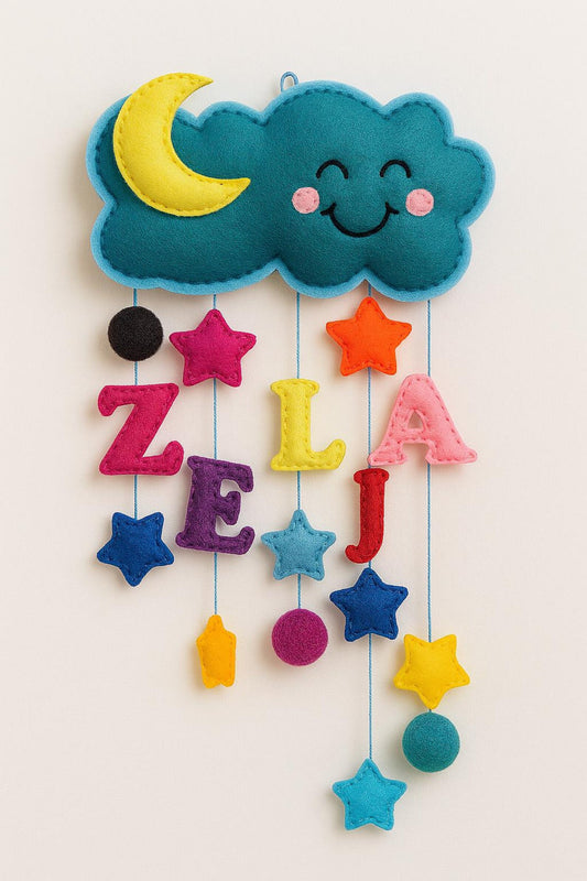 Personalized Felt Name Wall Hanging Baby Nursery Deco Cloud Moon Stars