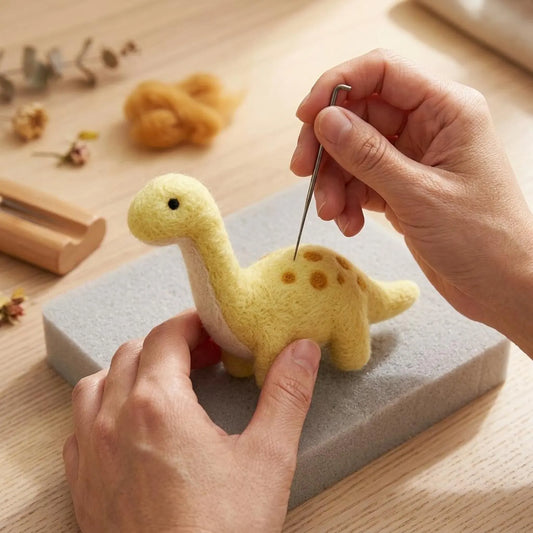 Beginner Needle Felting Kit: Yellow Dinosaur DIY Craft Set – Stress Relief Hobby